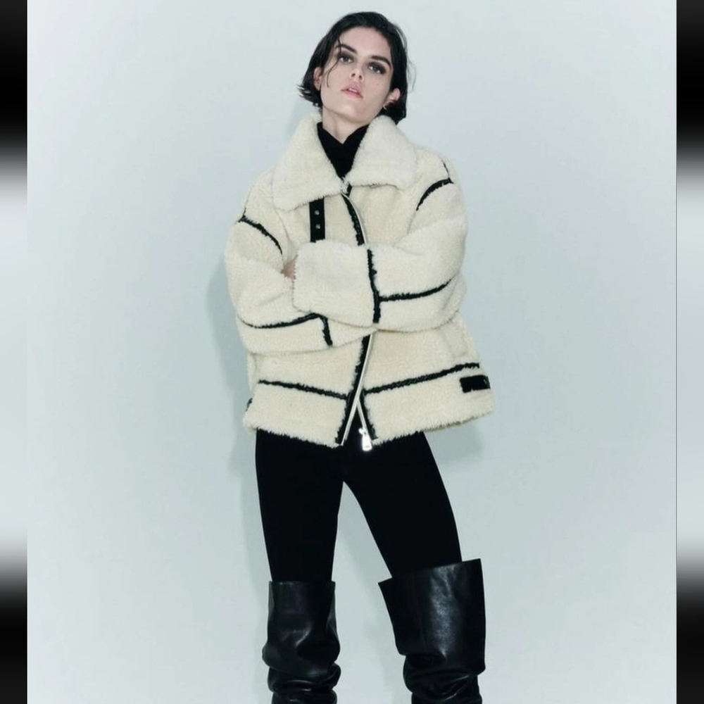 ZARA FAUX SHEARLING BIKER JACKET ZW COLLECTION ECRU (M) Retail $200 EUC-naked - Picture 2 of 16